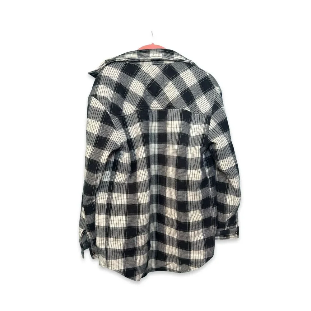Girl Krazy Sherpa Lined Flannel Shacket Size M Black & Cream Plaid Boyfriend Fit